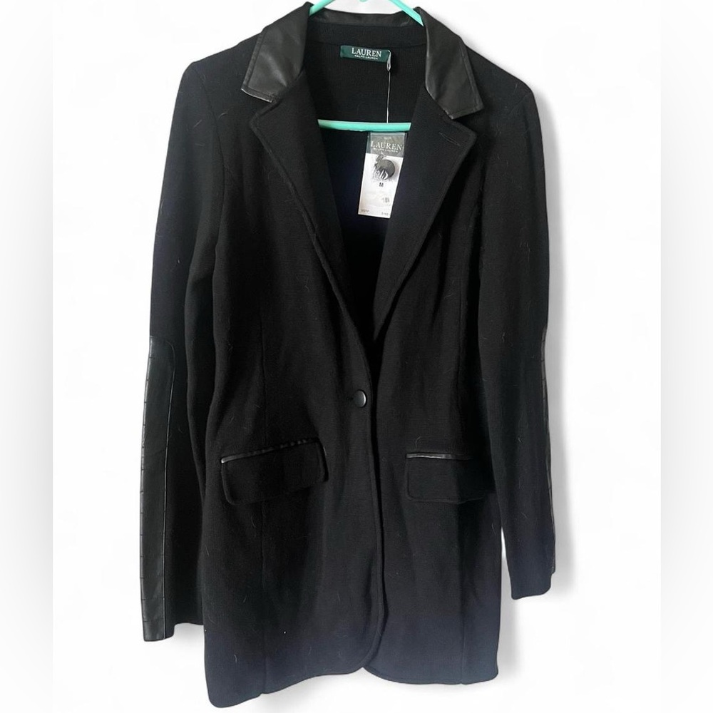 Ralph Lauren Black Knit Sweater Blazer with Faux Leather Trim